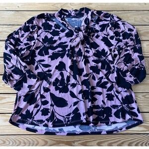 NWT Adrienne Vittadini Floral Pattern Blouse Size 3X Women’s Pink Black Tie Neck